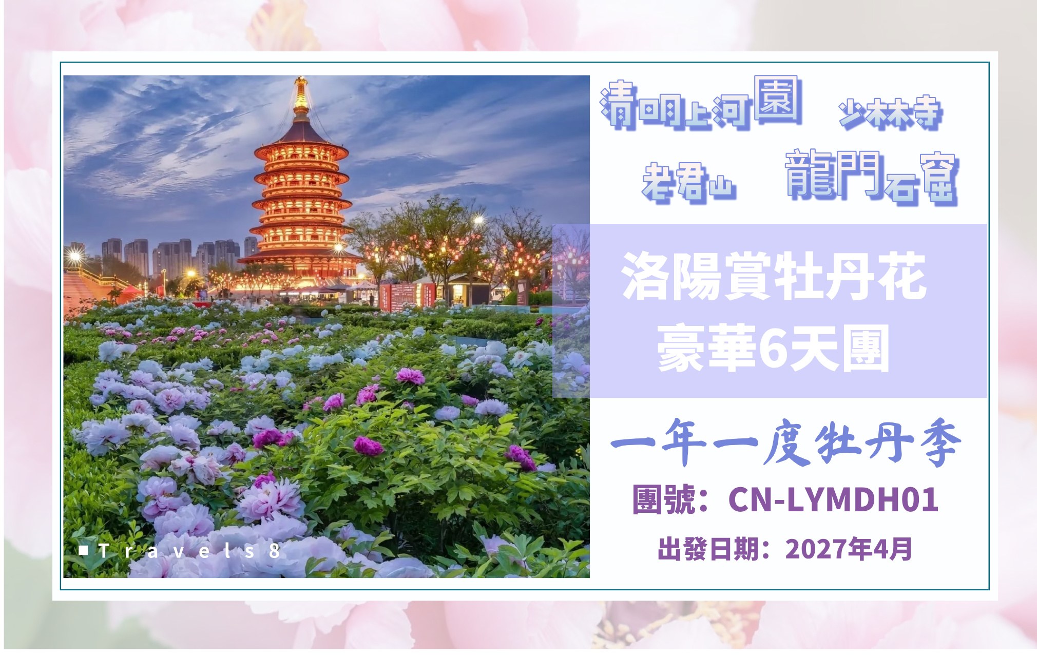 一年一度洛陽賞牡丹花6天遊·季節限定牡丹花盛放花期·全程入住5鑽酒店 ·國泰航空直航往返·賞2大牡丹花園